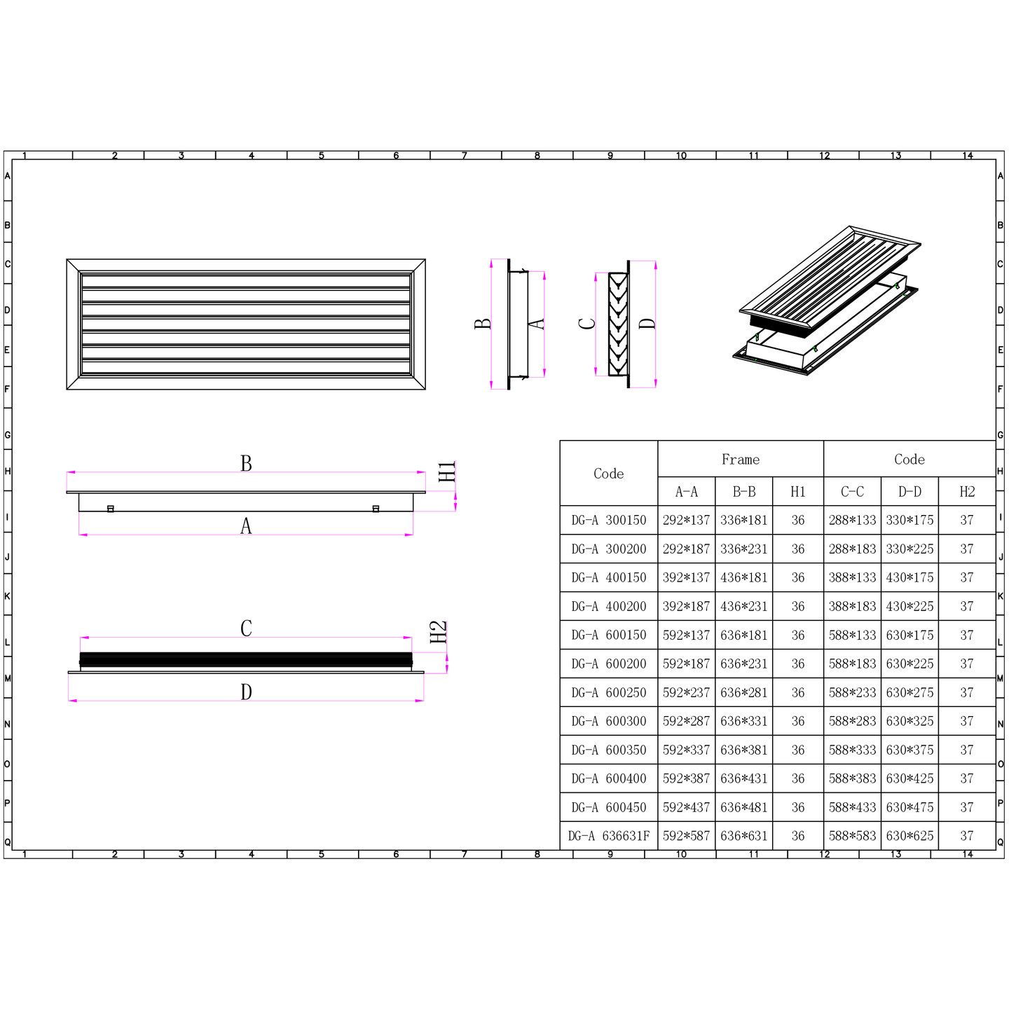 Technical drawing of a rectangular air vent with dimensions and code details.

