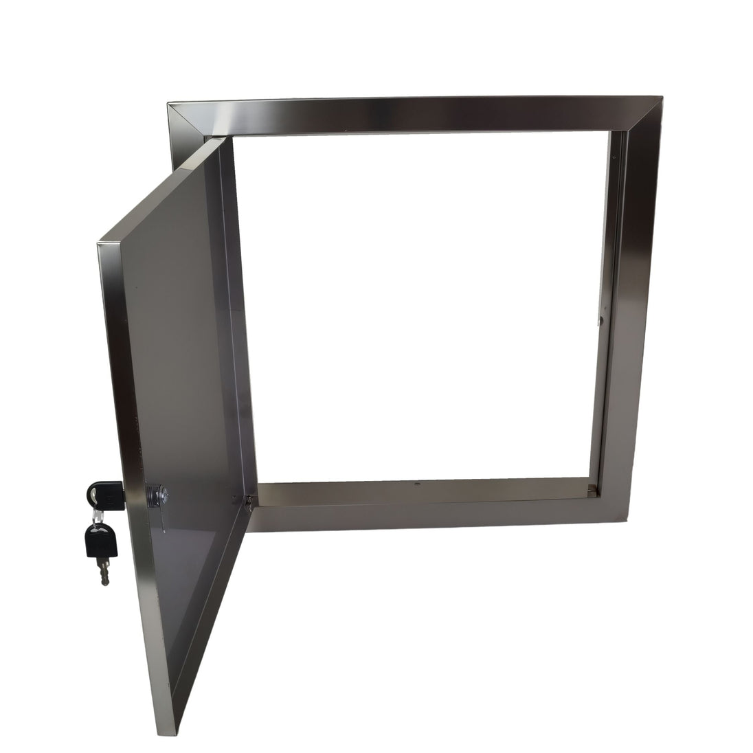 Metallic rectangular object with a lock on a white background

