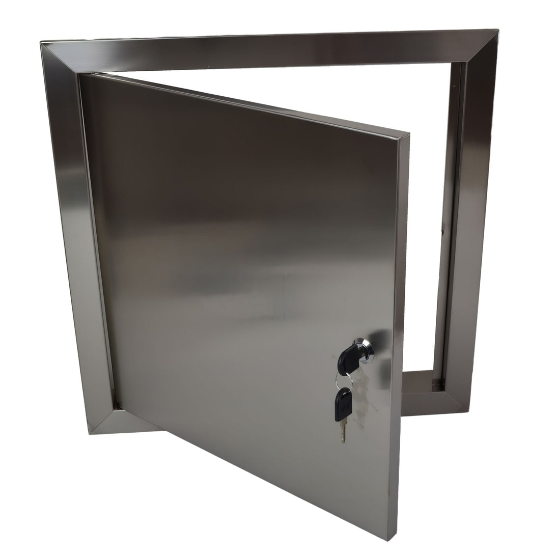 Metallic lock box with a key on a white background

