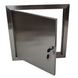 Metallic lock box with a key on a white background

