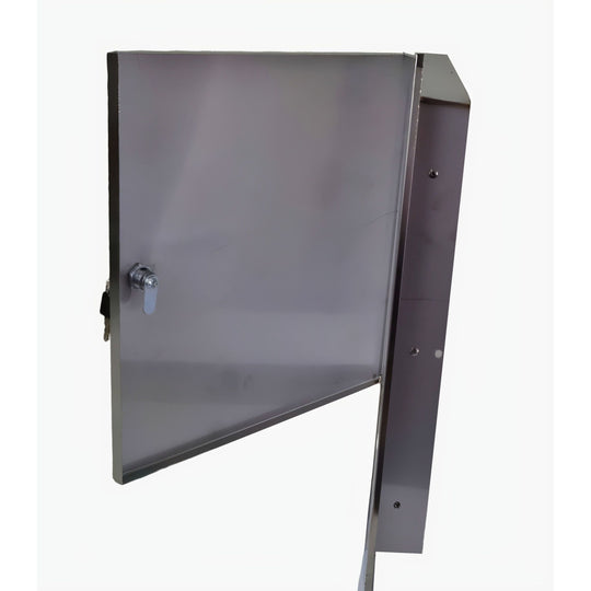 Metallic rectangular box with a door on a white background

