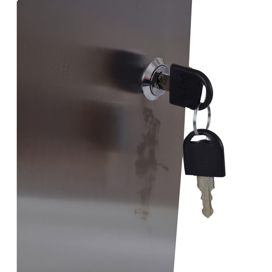 Lock on a metallic surface with keys attached

