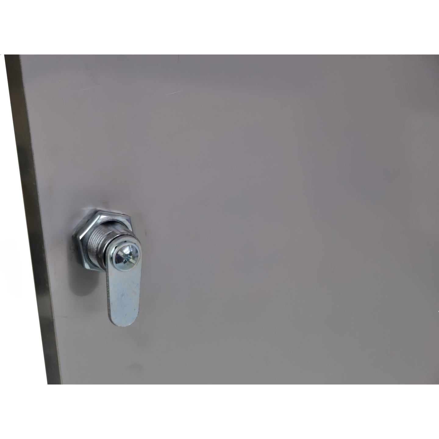 Metal cabinet lock on a gray background


