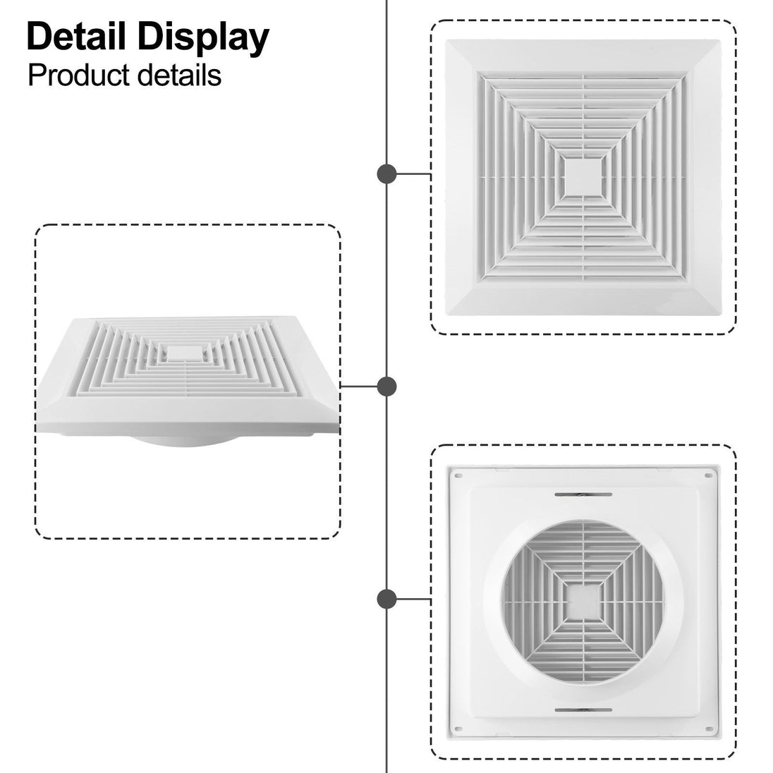 Three different styles of white square air vents on a white background


