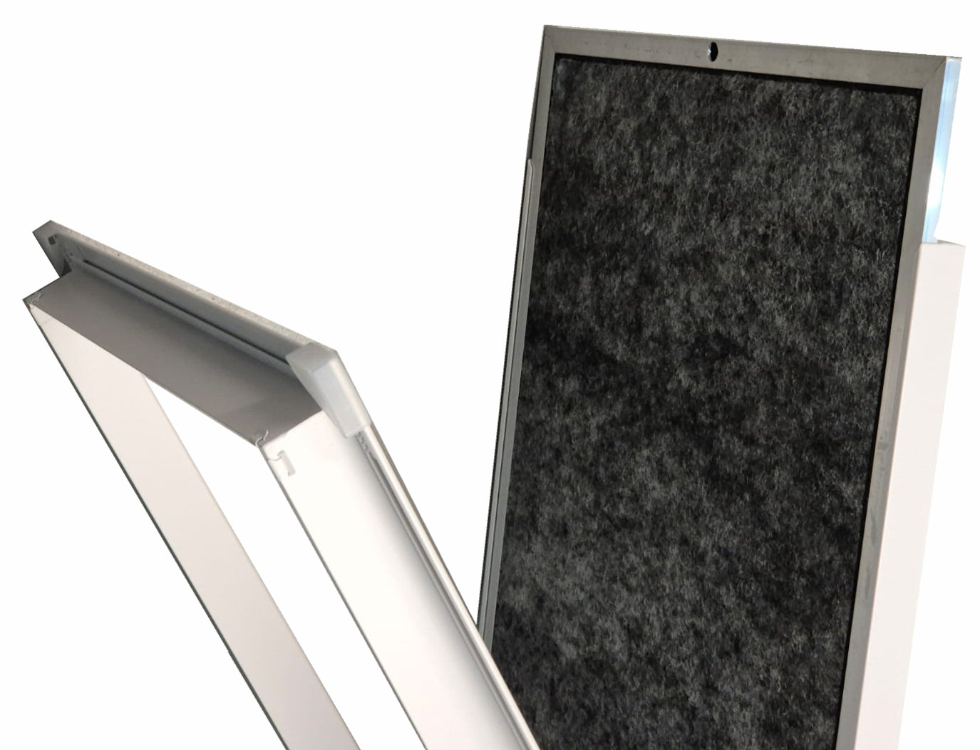 A close-up of a rectangular panel with a dark textured surface and a light gray frame, shown alongside a matching angled view of the frame on a white background.

