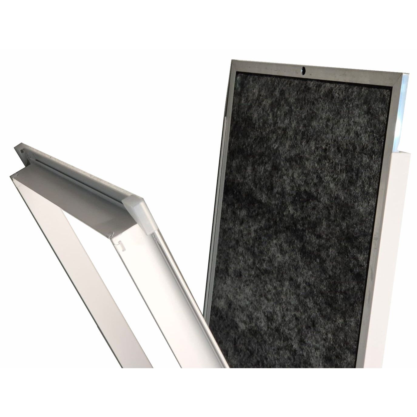 Two air filters, one silver and one black, on a white background


