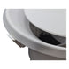 Close-up of a white toilet seat with a visible hinge on a white background

