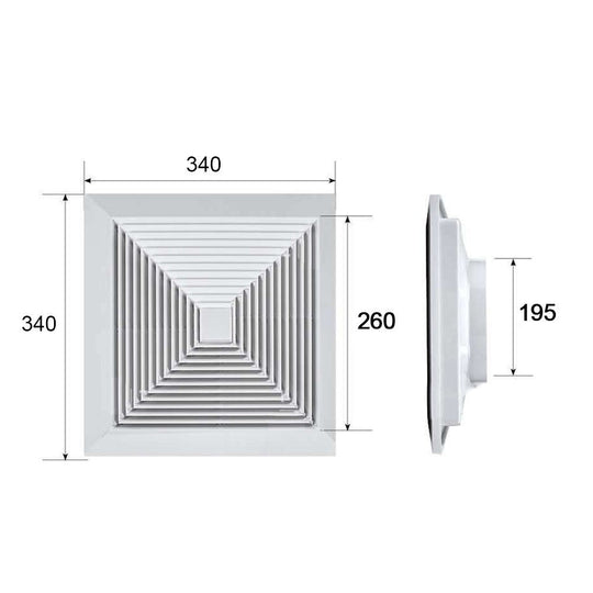 Measurement chart of a square air vent with dimensions labeled.

