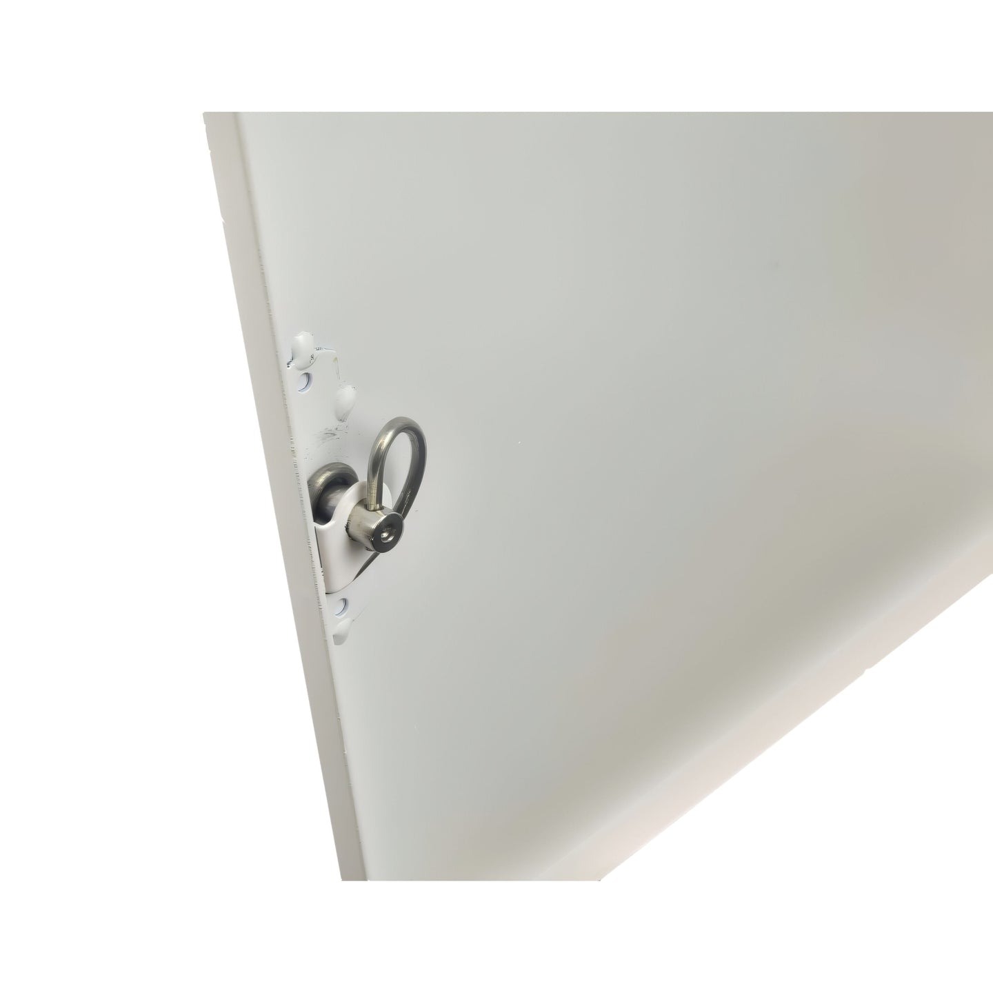 Metallic hook attached to a white panel on a white background

