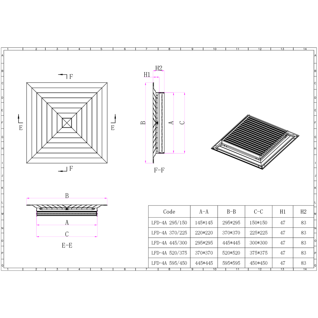 Technical drawing of an air vent with dimensions and codes


