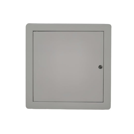 Gray metal access panel on a white background


