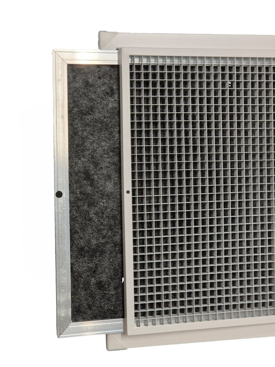 A close-up of a rectangular metal ventilation or air filter grille with a partially pulled-out dark charcoal felt filter panel, shown against a plain white background.

