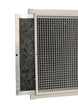 A close-up of a rectangular metal ventilation or air filter grille with a partially pulled-out dark charcoal felt filter panel, shown against a plain white background.

