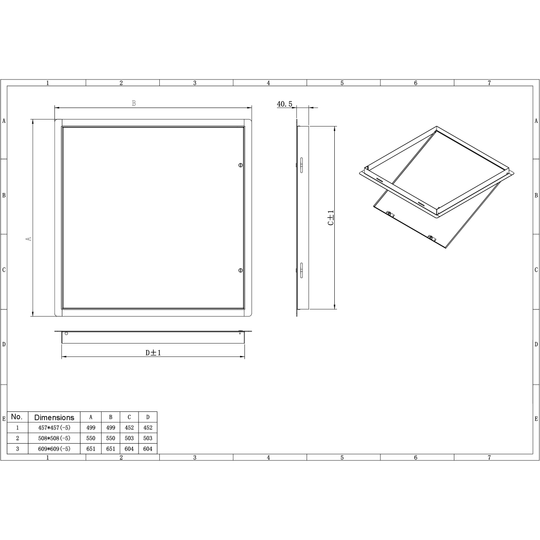 Technical drawing of a rectangular frame with dimensions

