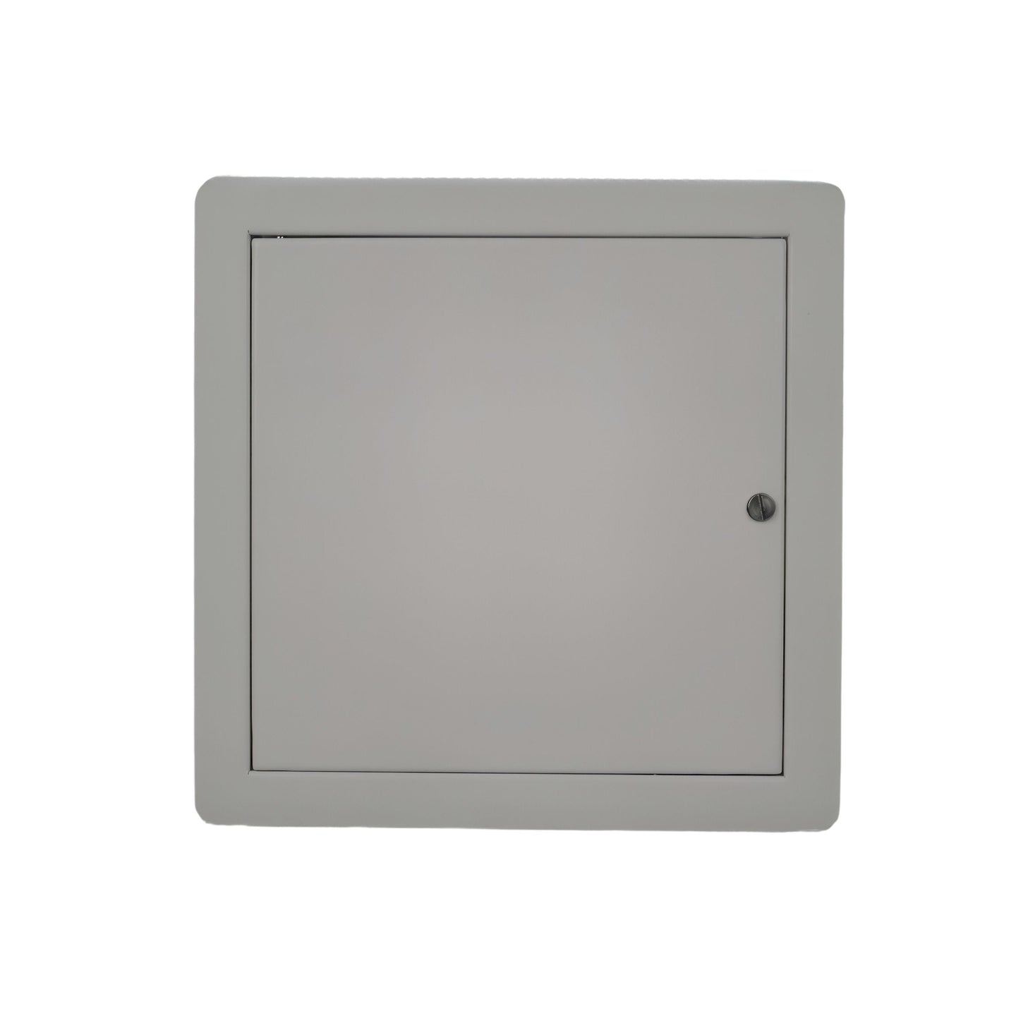Gray metal access panel on a white background

