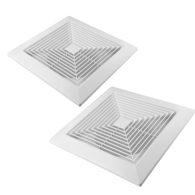 Two white square air vent covers on a white background

