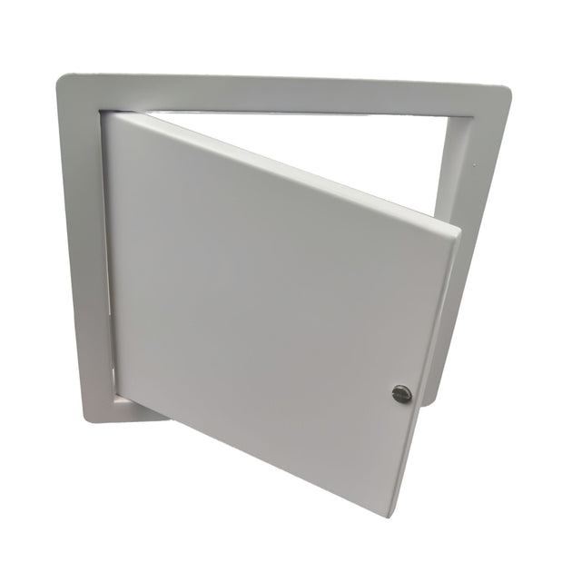 Gray metal access panel on a white background

