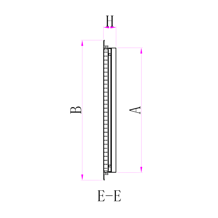 Technical drawing of a vertical object with dimensions labeled A, B, and H on a white background.

