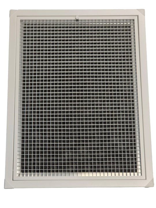A square metal mesh filter or grille with a white plastic frame, shown against a plain white background.

