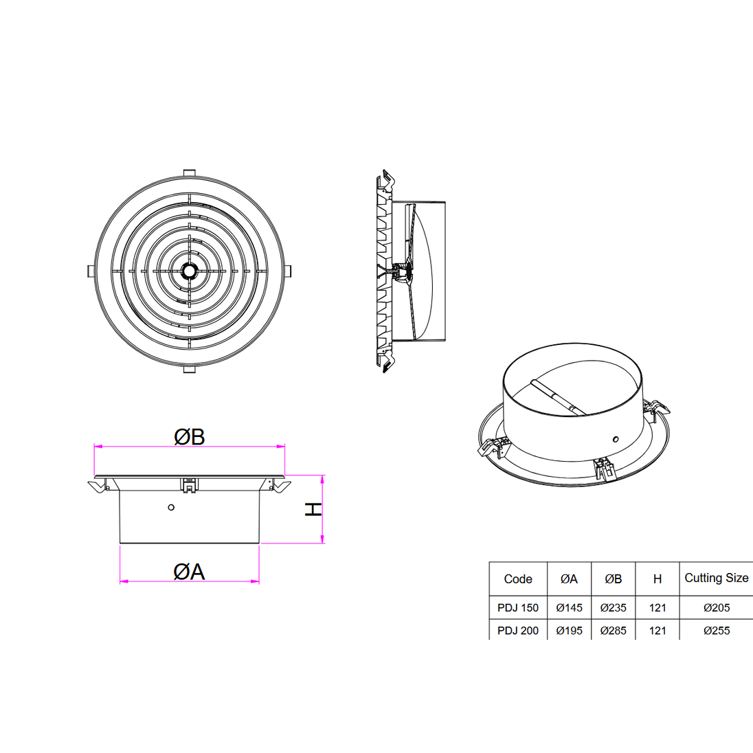 Technical drawing of a ceiling-mounted exhaust fan with dimensions and specifications.

