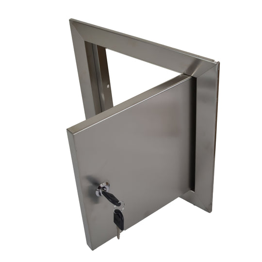 Metallic rectangular lockable cover with a key on a white background


