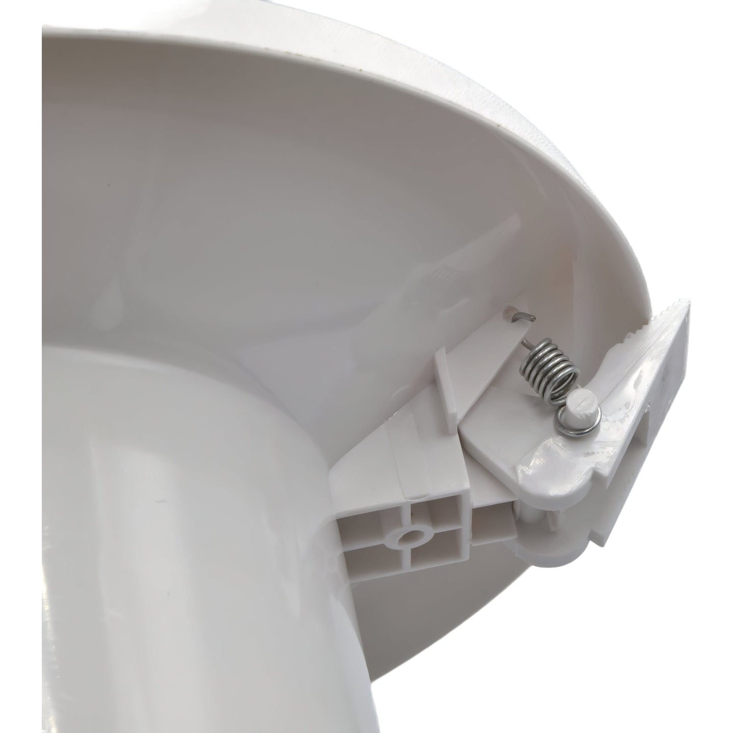 Close-up of a white satellite dish with a bracket and spring on a white background

