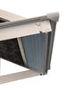 Close-up of a metal gutter or downspout corner section with a gray outer frame, a blue pleated inner panel, and a dark charcoal filter element, shown on a white background.

