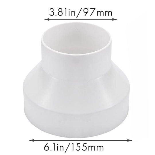 White plastic fitting with measurements on a white background

