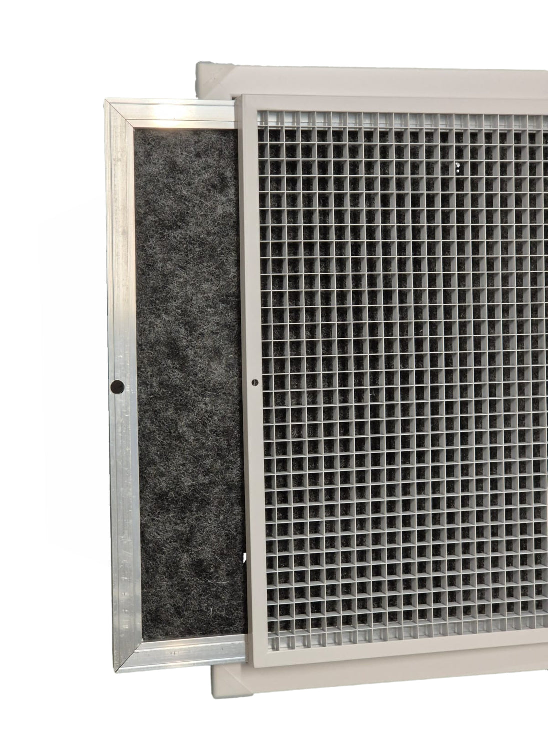A close-up of a rectangular metal ventilation or air filter grille with a partially pulled-out dark charcoal felt filter panel, shown against a plain white background.

