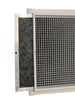A close-up of a rectangular metal ventilation or air filter grille with a partially pulled-out dark charcoal felt filter panel, shown against a plain white background.

