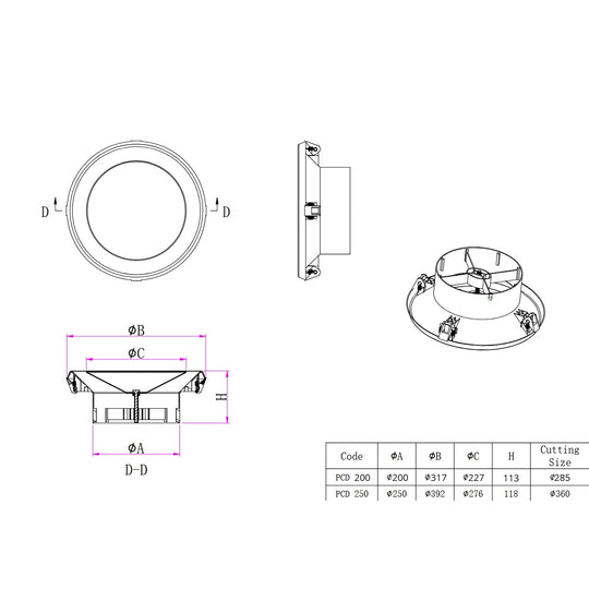 Technical drawing of a circular component with dimensions and cutting size details.

