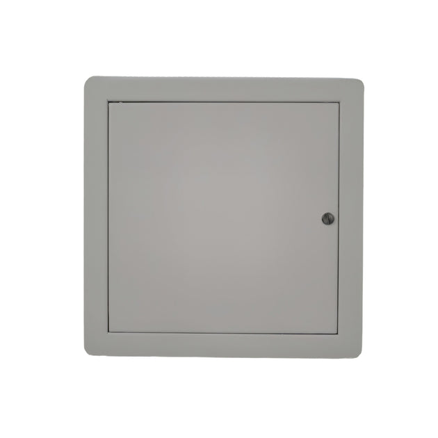 Gray metal access panel on a white background

