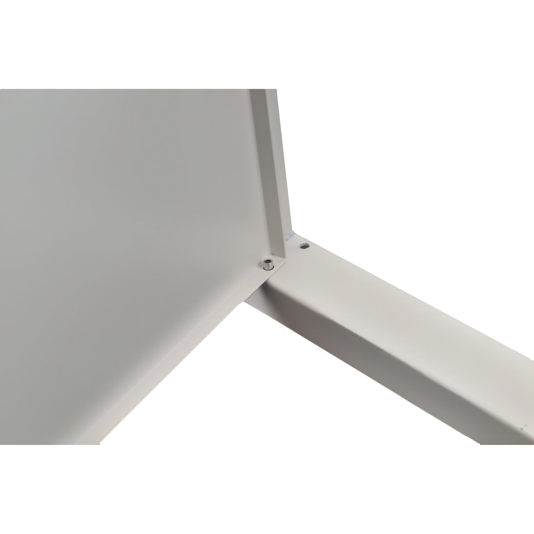Close-up of a white metal frame corner structure on a white background

