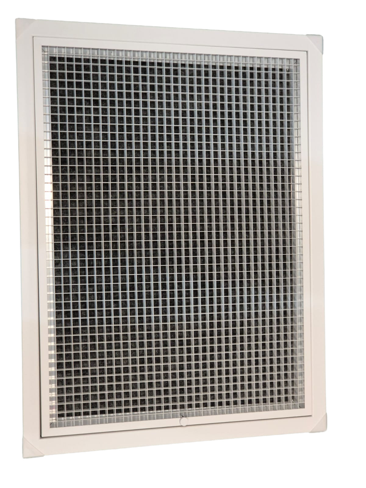 A square metal mesh screen panel with a white plastic frame, shown against a plain white background.

