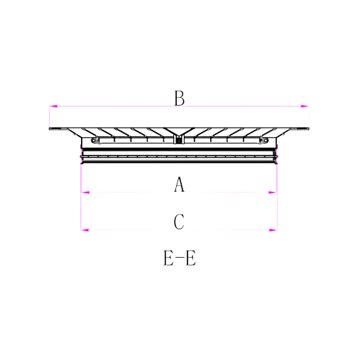 Technical drawing of a metal shelf with dimensions labeled

