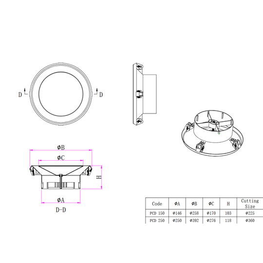 Technical drawing of a circular component with dimensions and cutting sizes on a white background

