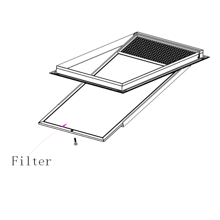 Diagram of a filter being installed into a rectangular frame on a white background

