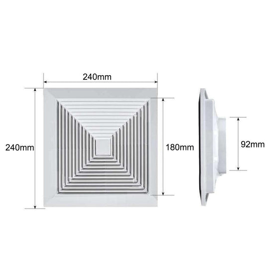 Measurement chart of a square air vent with dimensions labeled.


