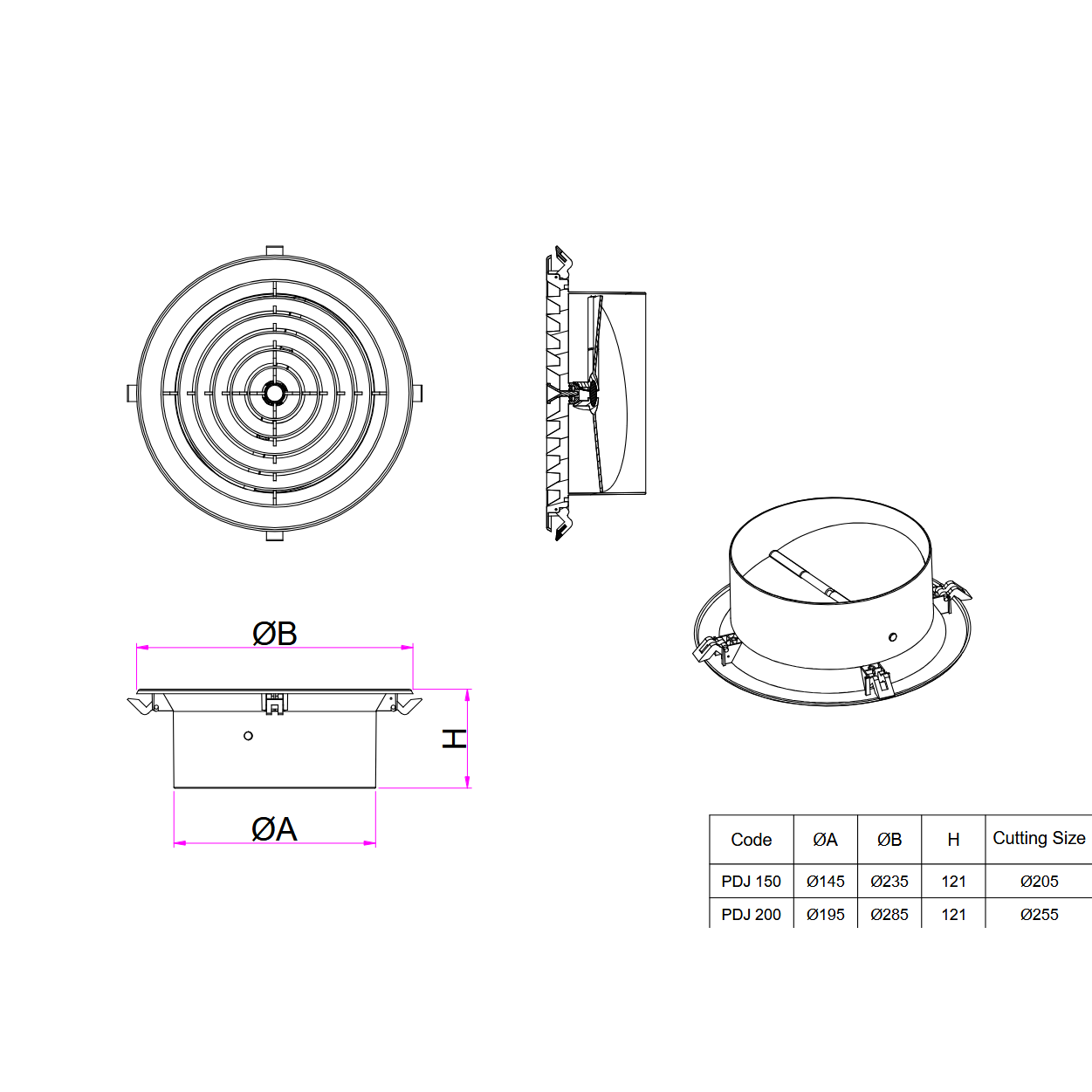 Technical drawing of a ceiling-mounted exhaust fan with dimensions and specifications.

