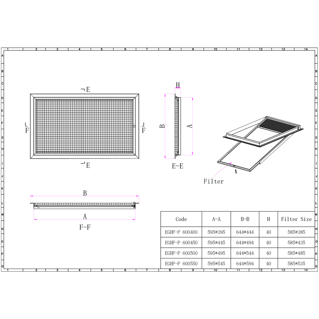 Technical drawing of an air filter with dimensions and code details on a white background

