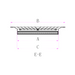 Technical drawing of a metal shelf with dimensions labeled

