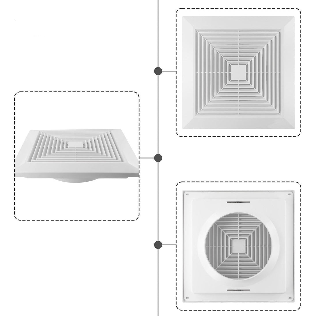 Three different styles of white ceiling air vent covers on a white background

