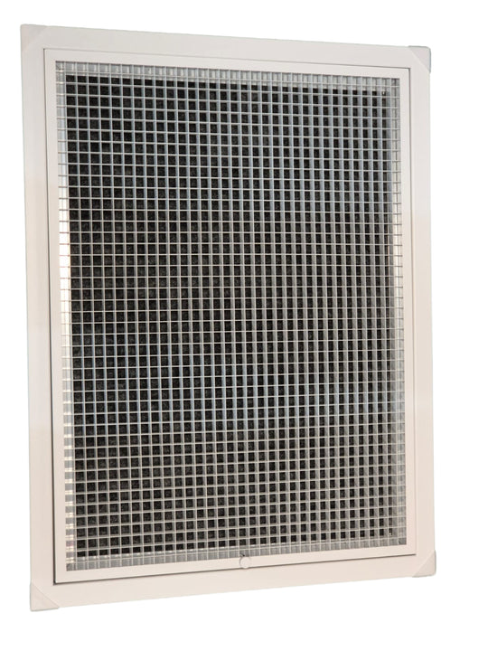 A square metal mesh screen panel with a white plastic frame, shown against a plain white background.


