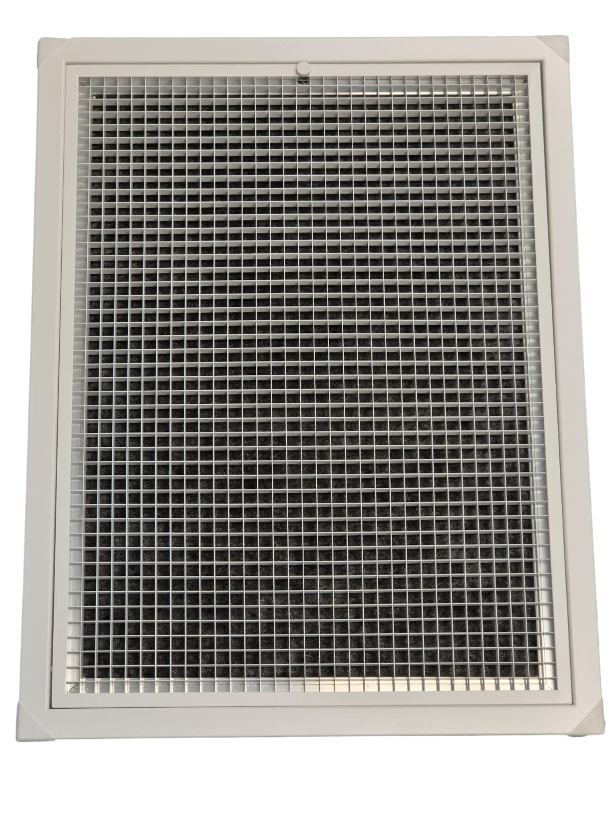 A square metal mesh filter or grille with a white plastic frame, shown against a plain white background.

