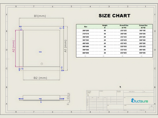 Size chart for paper sizes A1, A2, and B1 with Outsure branding.

